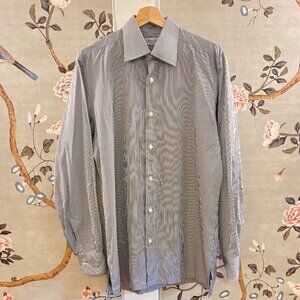 Charvet Men's Striped Dress Shirt, 16" neck, M L, Button up, White Blue Brown